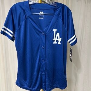 LA Dodgers Womens Jersey Majestic Blue Button Front Baseball Shirt Size Small